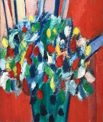 Blumen vor rotem Vorhang, 55x46cm, 2017