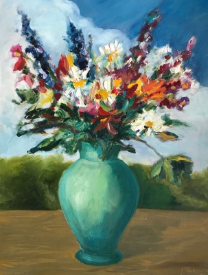 Blumenstrauss am Fenster mit Wolken, 61x46cm, 1989