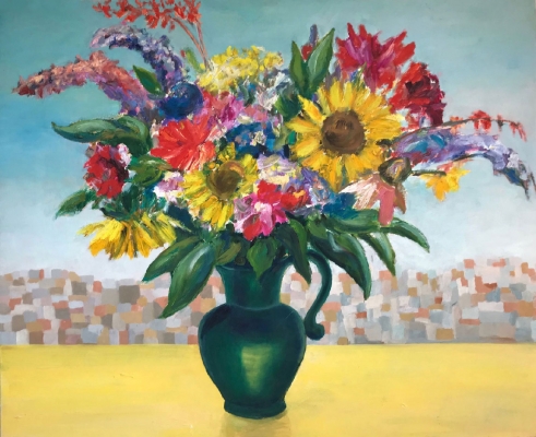 Blumenstrauss vor Grossstadt, 60x93cm, 1989