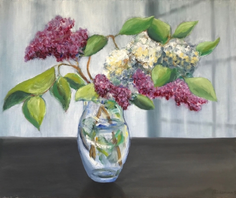 Flieder vor Vorhang, 38x46cm, 1991