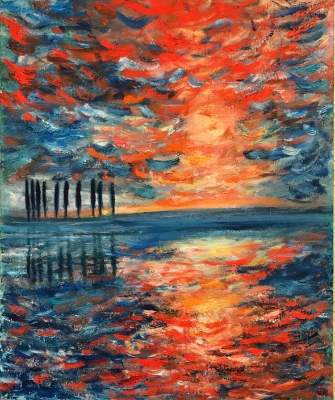 Sonnenuntergang mit Pappeln wie Silhouetten, 65x54cm, 2018