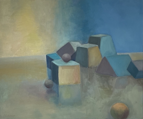 Würfel zwischen Blau und Gelb, 38x46cm, 2001